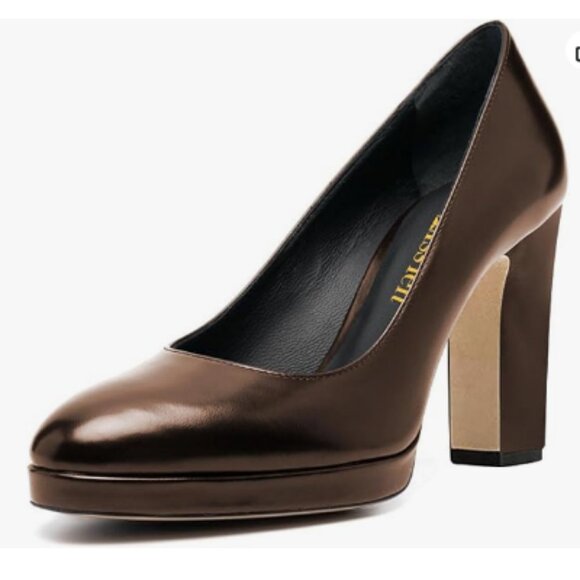 miss left Brown Platform Almond Toe Pumps Classic Slip On Chunky High Heel Shoes - Picture 1 of 8